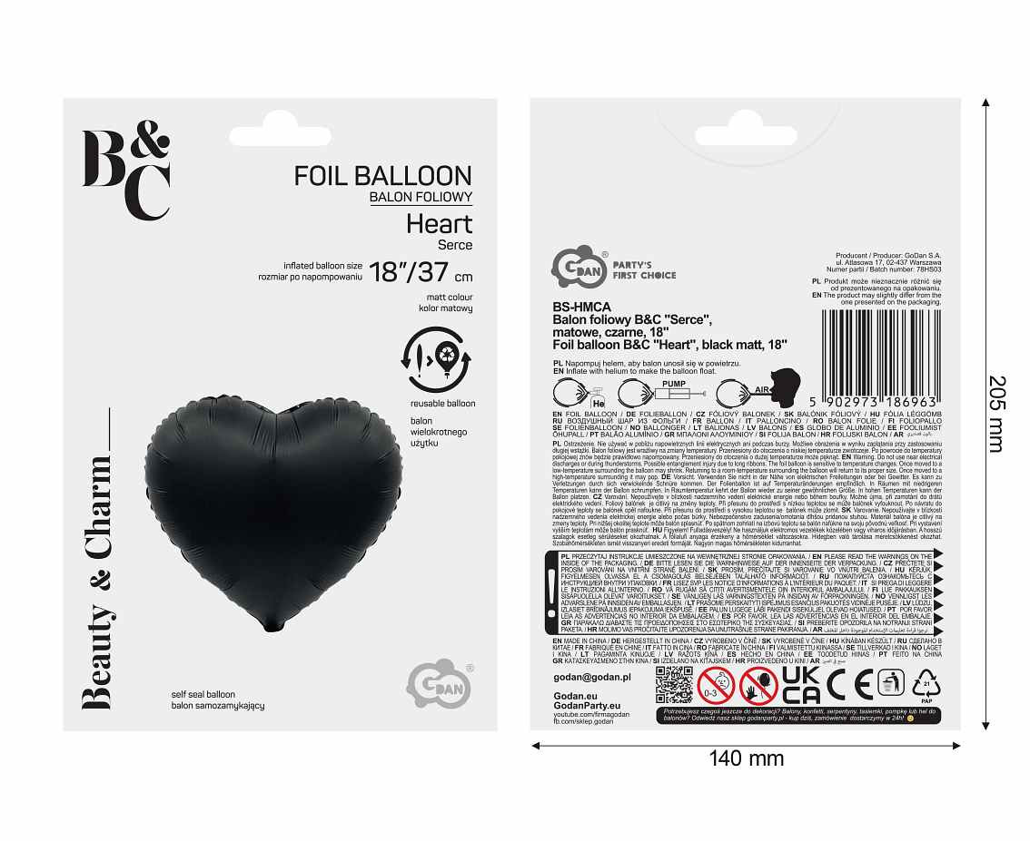 Foil balloon B&C "Heart", black matt, 18" EOL